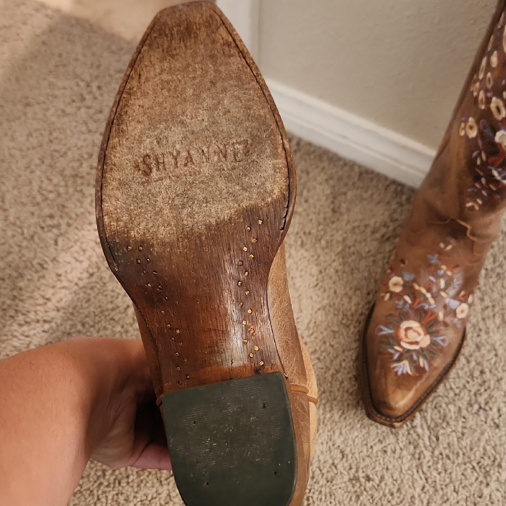 Shyanne Floral Embroidered Tan Heeled Boots - Picture 3 of 6
